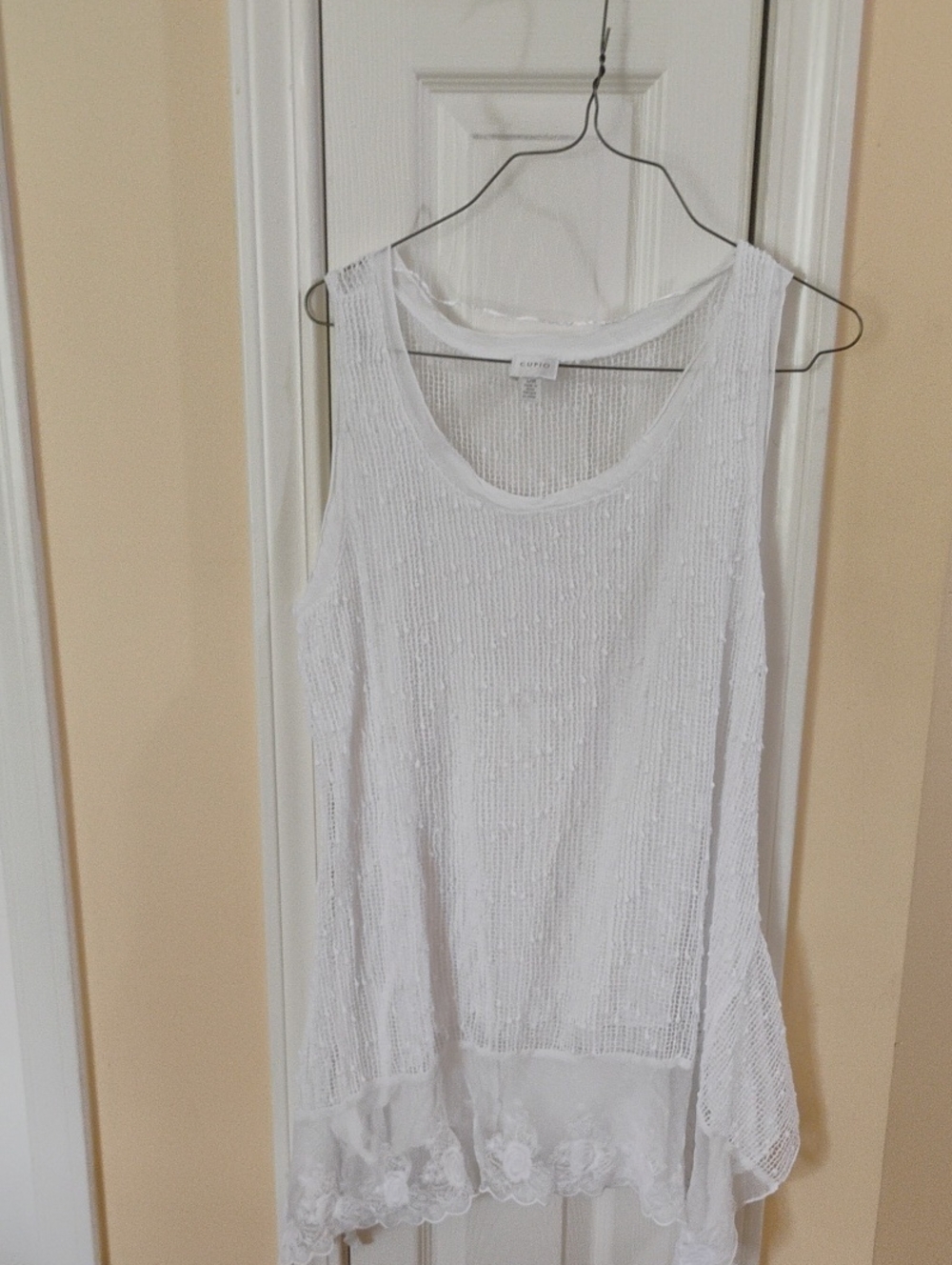 Cupio White Sheer Knit Tank with Floral Lace Trim
